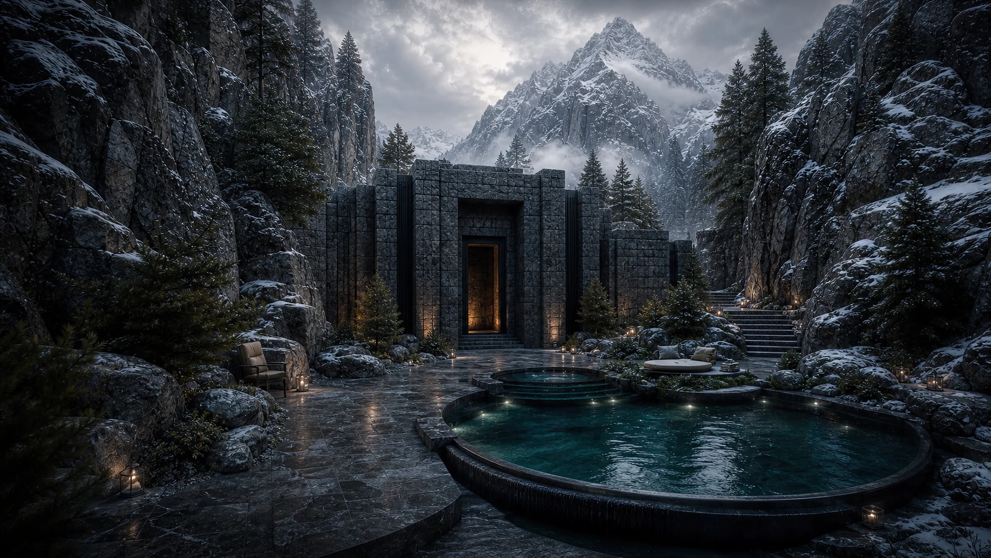 Hollow Stone from the approach — the carved stone entrance and thermal pools beneath the alpine peak